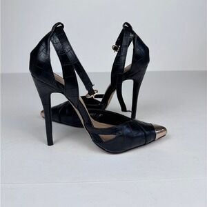 PrettyLittleThing Women's US 5/UK 3 Black Croc Embossed Gold Toe Stiletto Heels